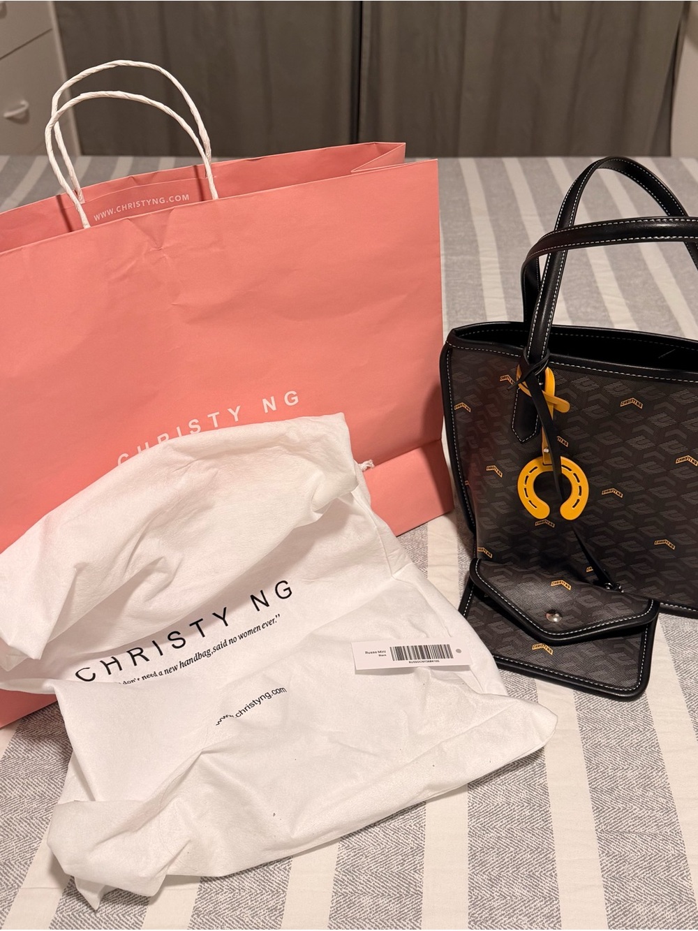 Christy Ng Mini Russo CNY black tote with  Yellow Charm Accent